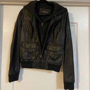 Women’s black leather bomber jacket